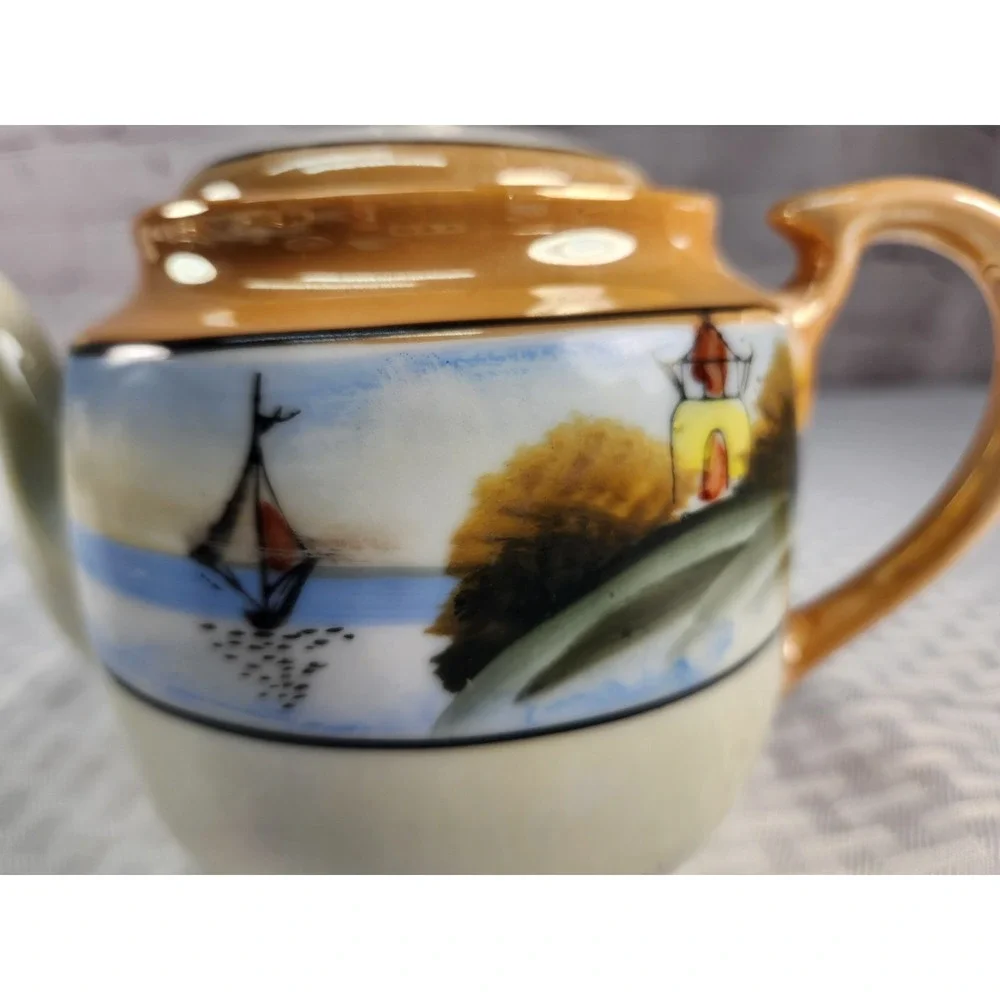 Vtg Hand Painted Pagoda Boat Lake Teapot Set Cream & Sugar Japan Luster 1915